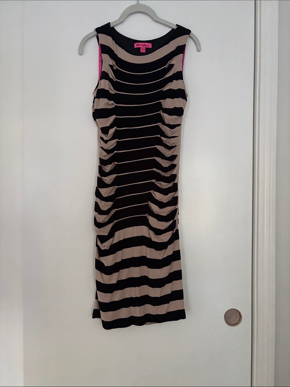 Betsy Johnson Black and Beige Striped Ruched Midi Dress